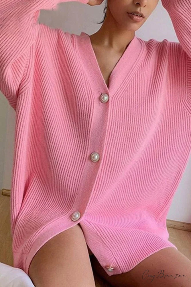 Puff Sleeve Cardigan with Pearl Buttons Pink / L