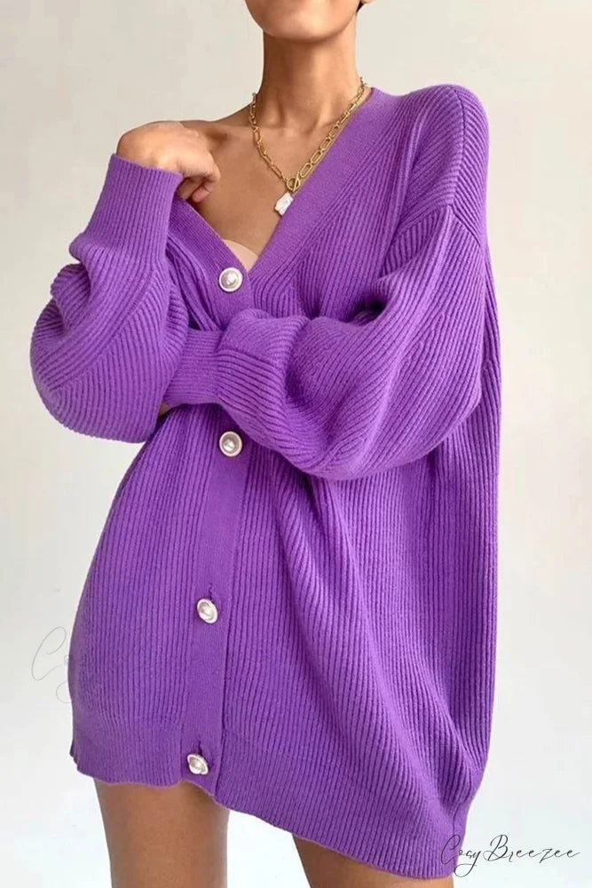 Puff Sleeve Cardigan with Pearl Buttons Purple / S