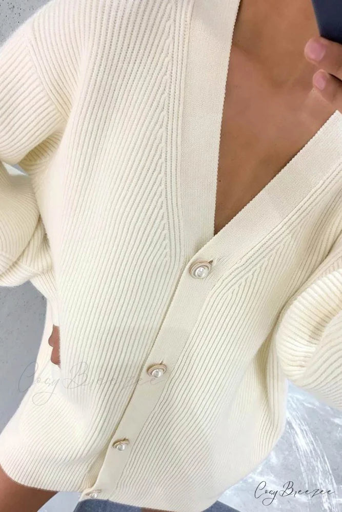 Puff Sleeve Cardigan with Pearl Buttons White / S
