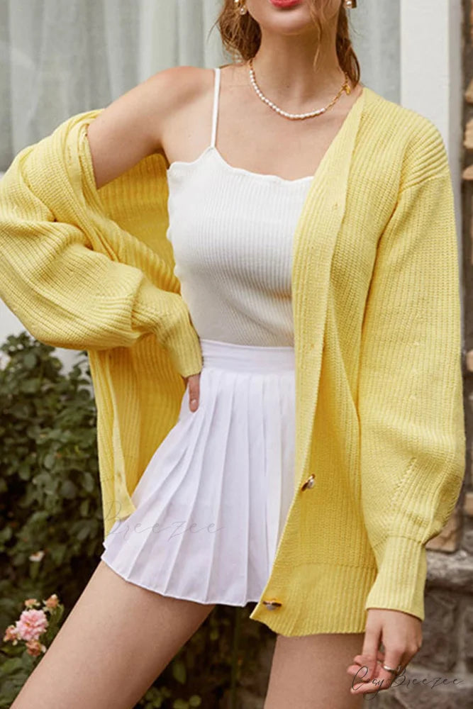 Puff Sleeve Cardigan with Pearl Buttons Yellow / L