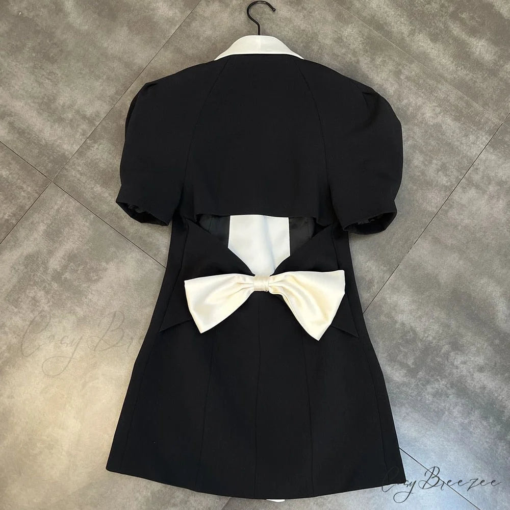 Puff Sleeve Large Collar Graceful Back Bow Blazer Mini Dress