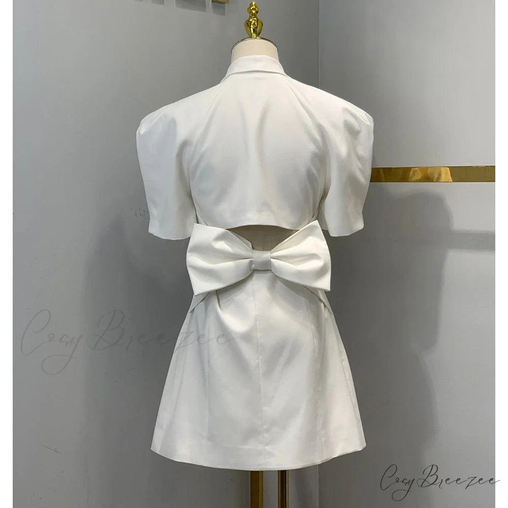 Puff Sleeve Large Collar Graceful Back Bow Blazer Mini Dress