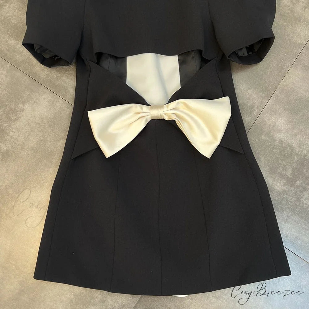 Puff Sleeve Large Collar Graceful Back Bow Blazer Mini Dress
