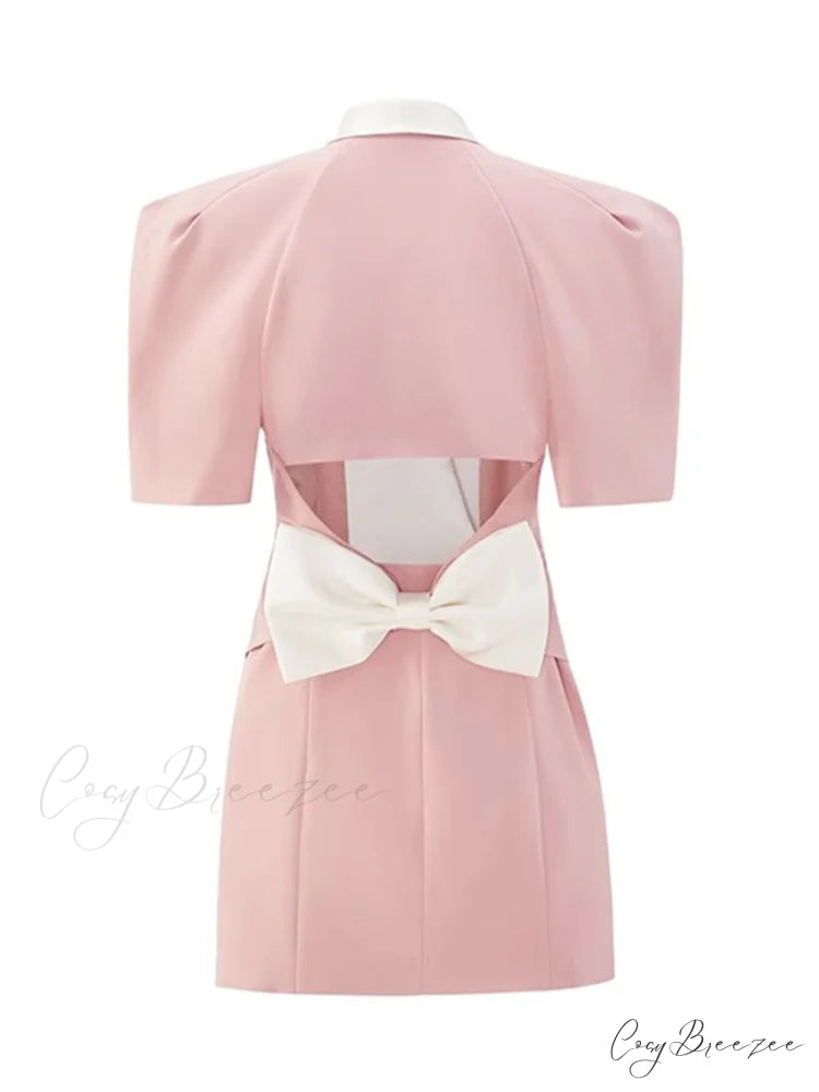 Puff Sleeve Large Collar Graceful Back Bow Blazer Mini Dress