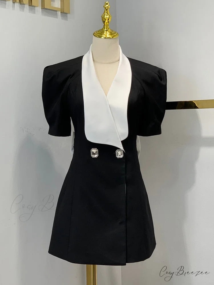 Puff Sleeve Large Collar Graceful Back Bow Blazer Mini Dress Black / S