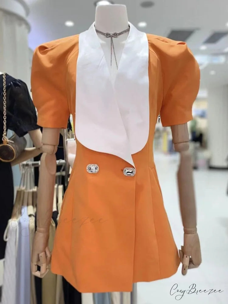 Puff Sleeve Large Collar Graceful Back Bow Blazer Mini Dress Orange / S