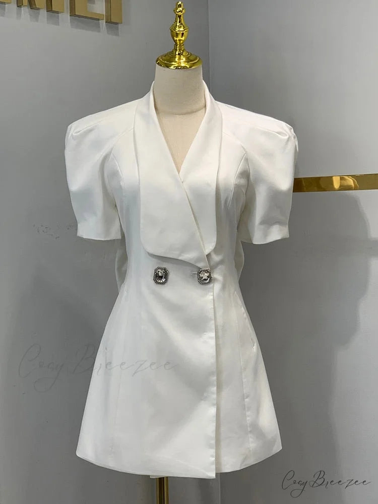 Puff Sleeve Large Collar Graceful Back Bow Blazer Mini Dress White / S