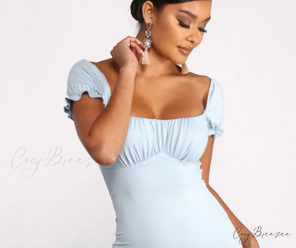 Puff Sleeve Ruched Charming Knit Mini Dress
