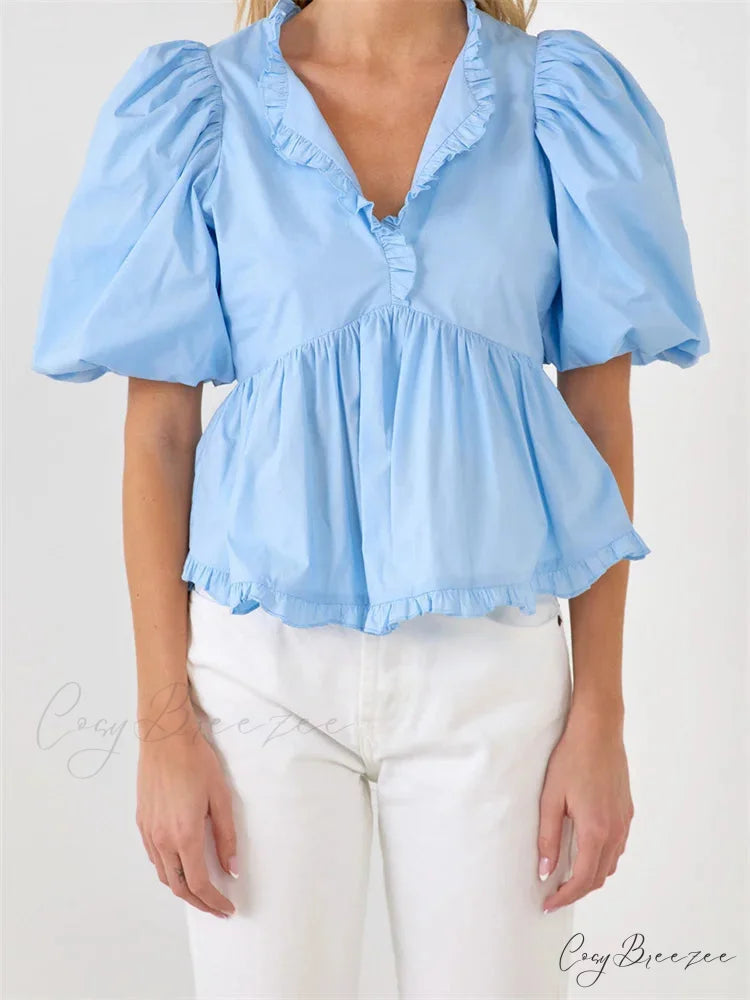 Puff Sleeve Ruffle Trim V-Neck Shirt blue / S blouse-250223