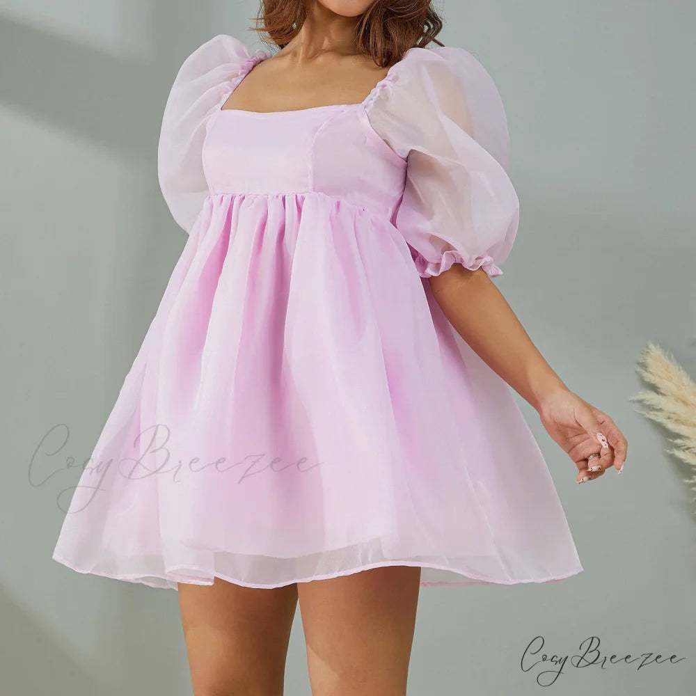 Puff Sleeve Stylish Tulle Mini Dress Pink / S