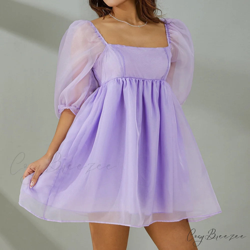 Puff Sleeve Stylish Tulle Mini Dress Purple / S