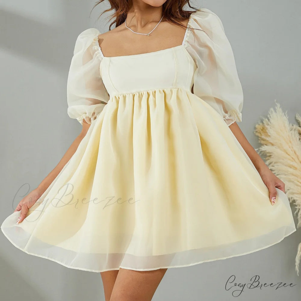 Puff Sleeve Stylish Tulle Mini Dress Yellow / S