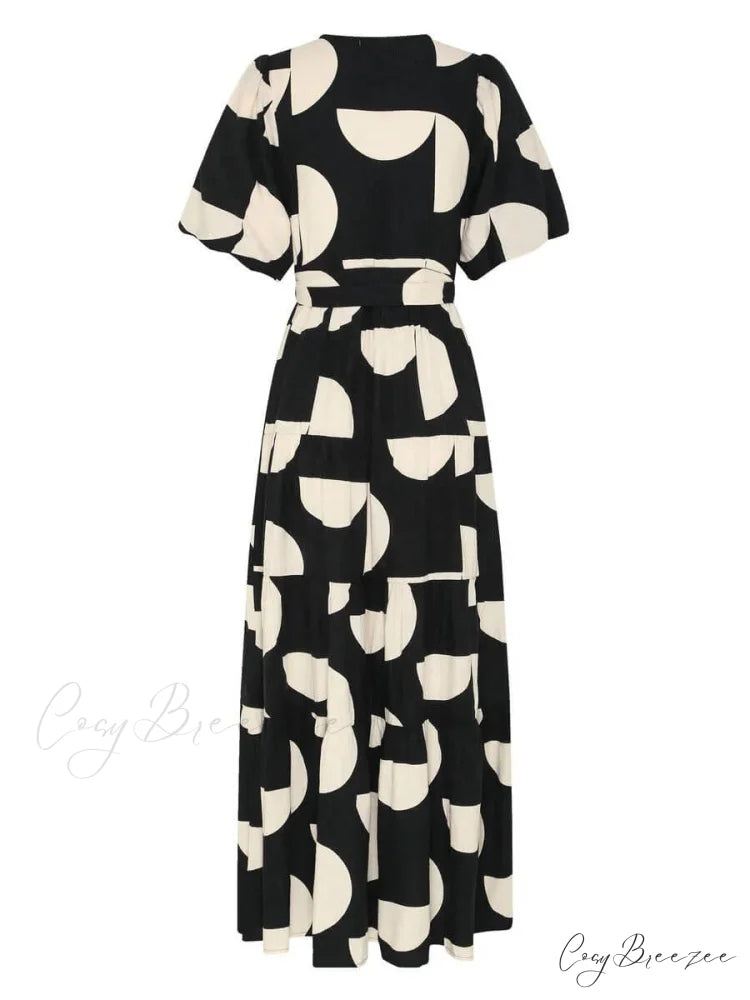 Puff Sleeve V-Neck Charming Geometric Print Midi Dress
