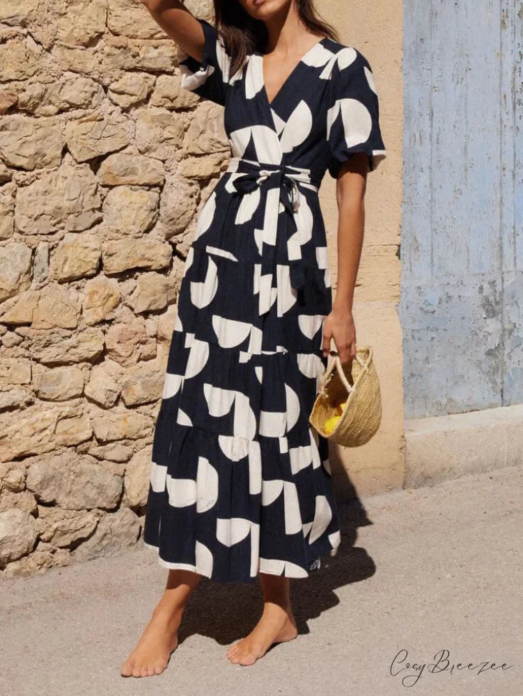 Puff Sleeve V-Neck Charming Geometric Print Midi Dress Black / S