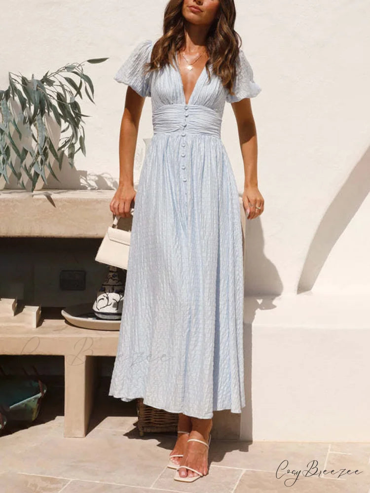 Puff Sleeve V-Neck Charming Long Oversized Hem Dress