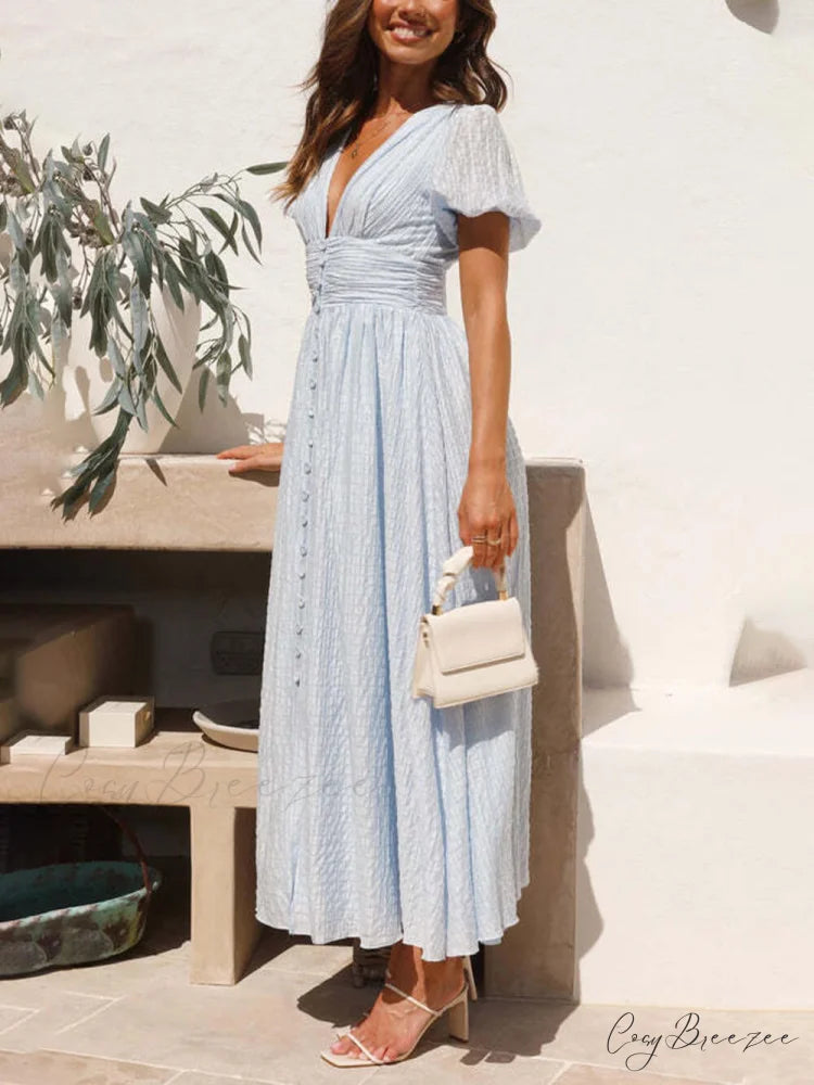 Puff Sleeve V-Neck Charming Long Oversized Hem Dress