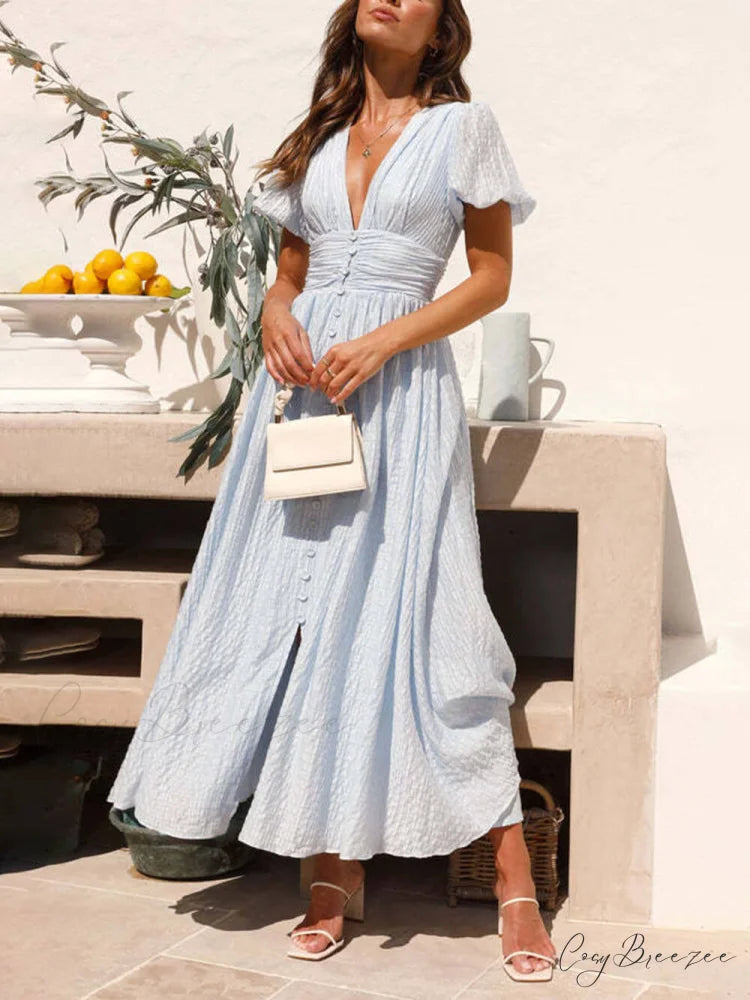 Puff Sleeve V-Neck Charming Long Oversized Hem Dress Blue / S
