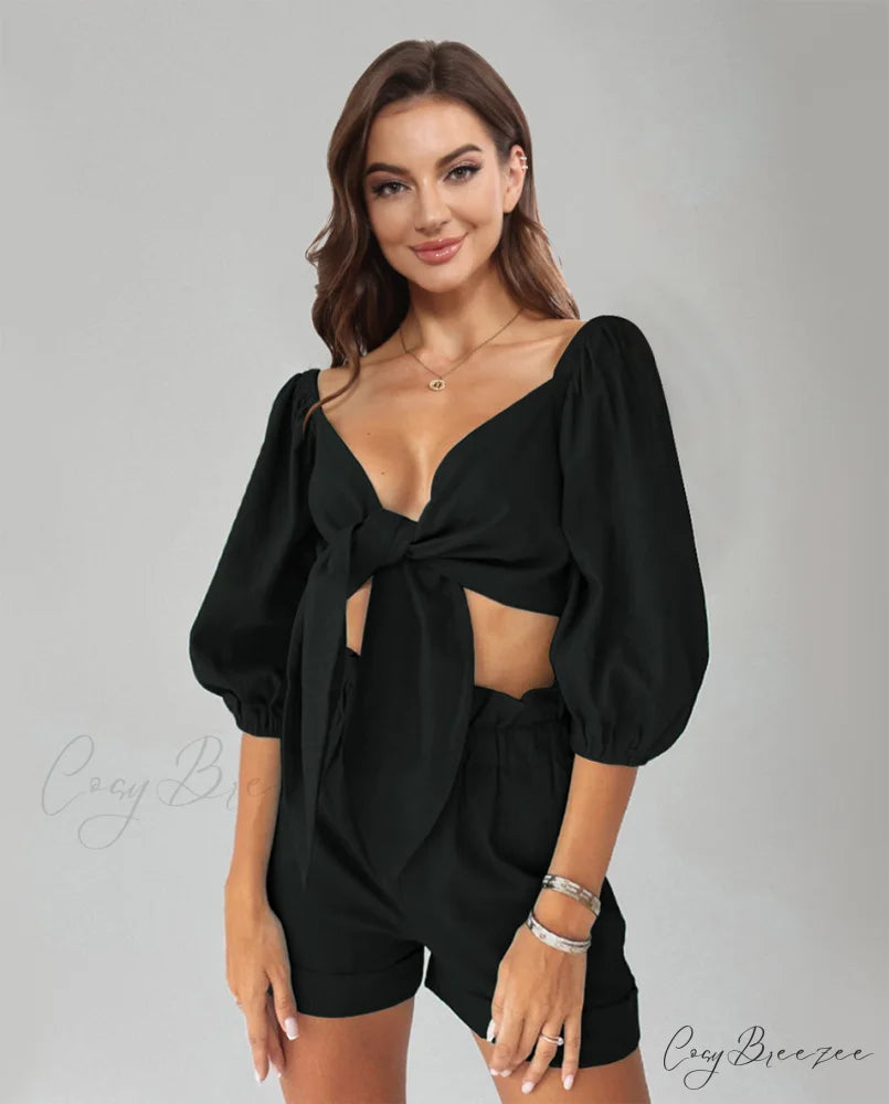 Puff Top Set and Arm with Shorts Cutout Black / S