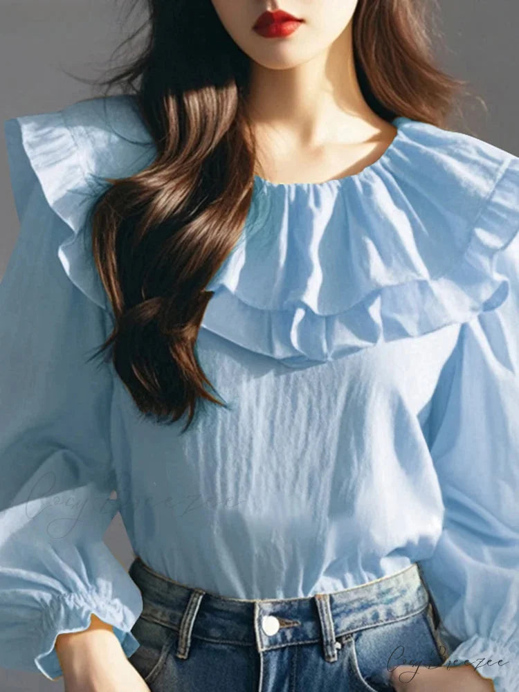 Puffy Sleeve Frilled Round-neck Relaxed Blouse Blue / S blouse-250126