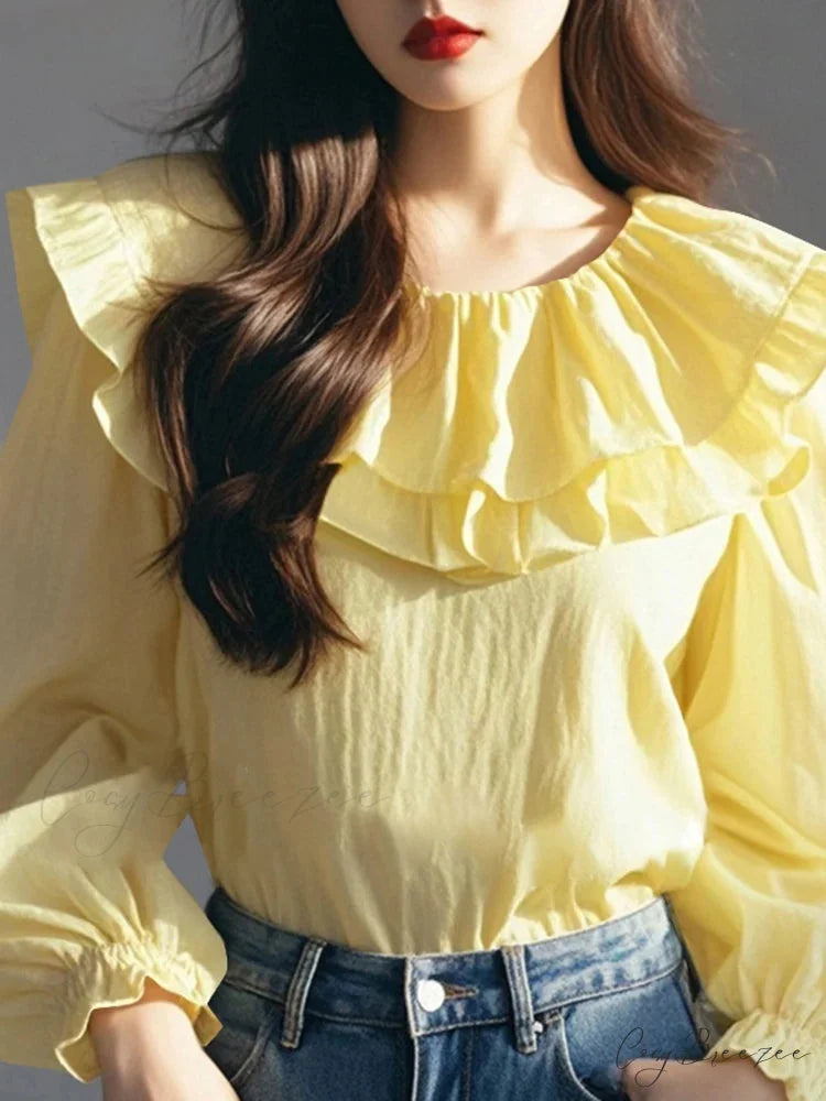 Puffy Sleeve Frilled Round-neck Relaxed Blouse Yellow / S blouse-250126