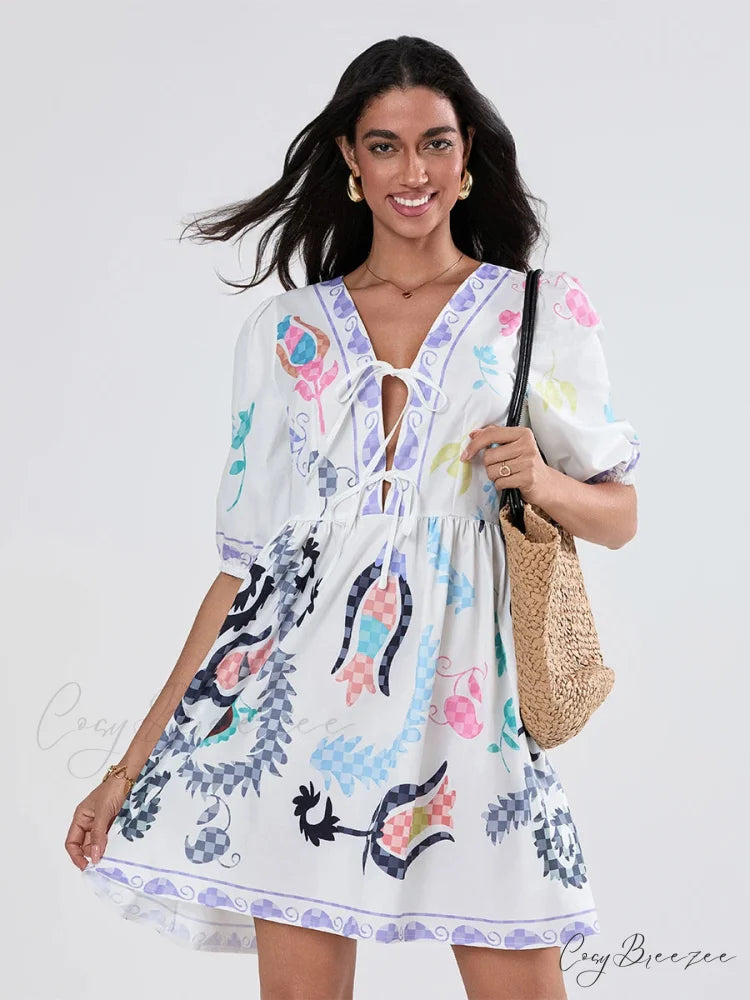 Puffy Sleeve Tie-up A-line Mini Dress floraldress-250126