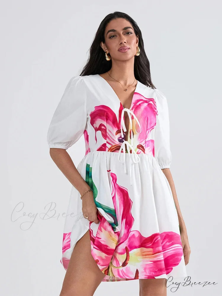 Puffy Sleeve Tie-up A-line Mini Dress floraldress-250126