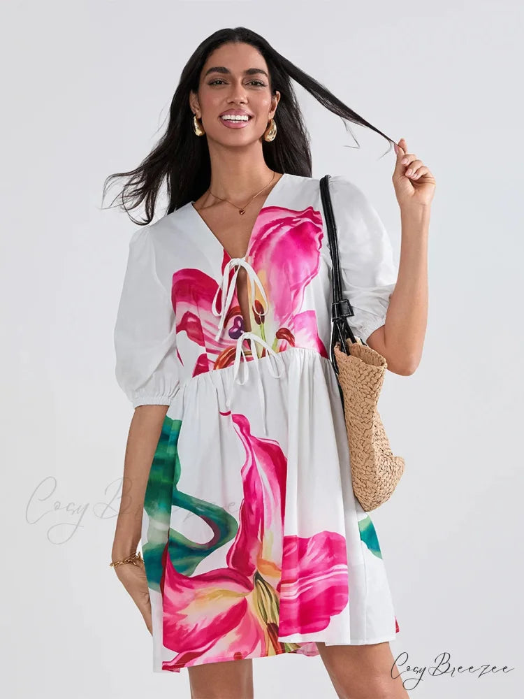 Puffy Sleeve Tie-up A-line Mini Dress floraldress-250126