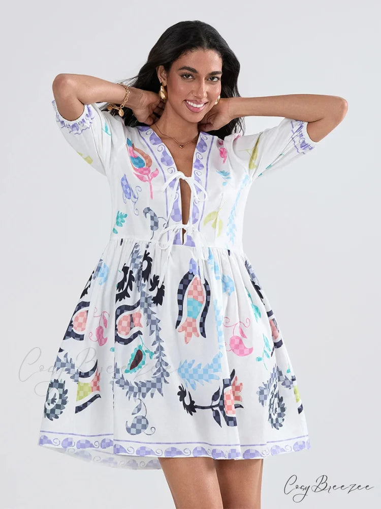 Puffy Sleeve Tie-up A-line Mini Dress floraldress-250126