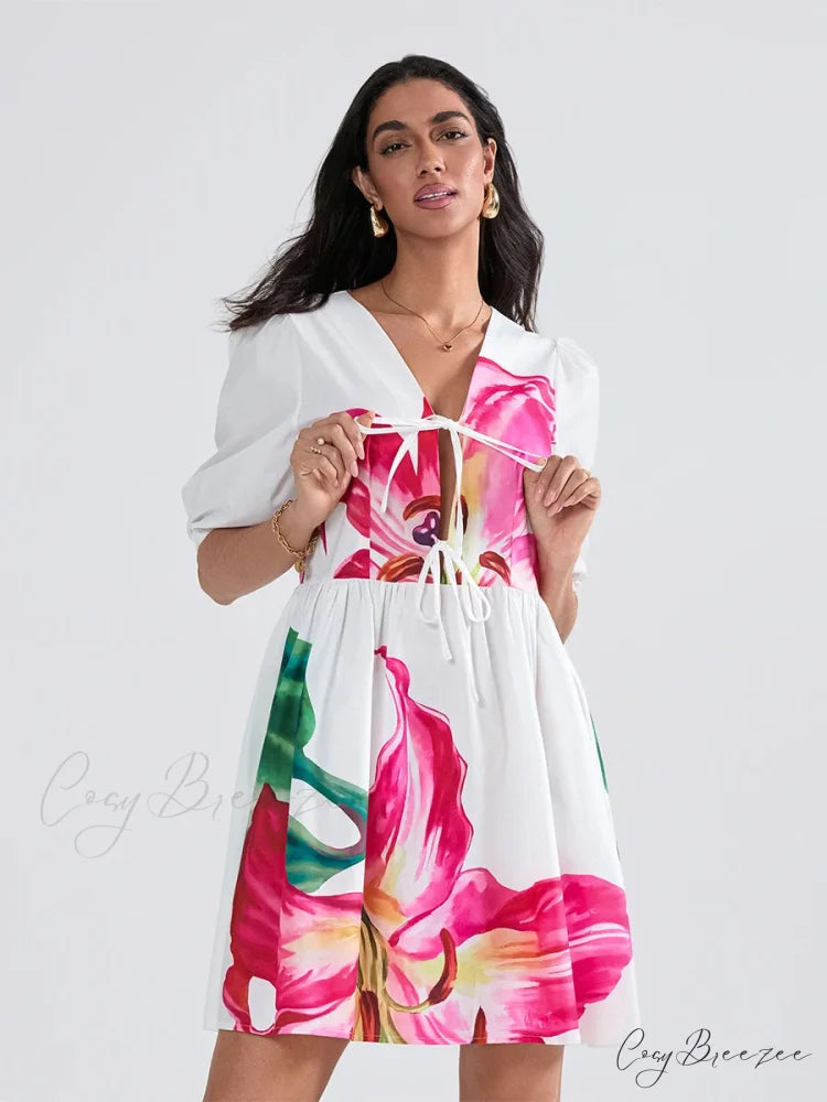 Puffy Sleeve Tie-up A-line Mini Dress floraldress-250126