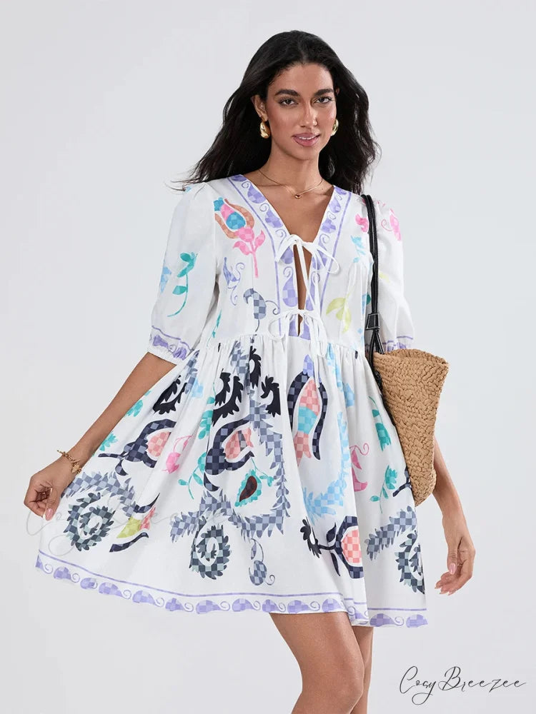 Puffy Sleeve Tie-up A-line Mini Dress WHITE1 / S floraldress-250126