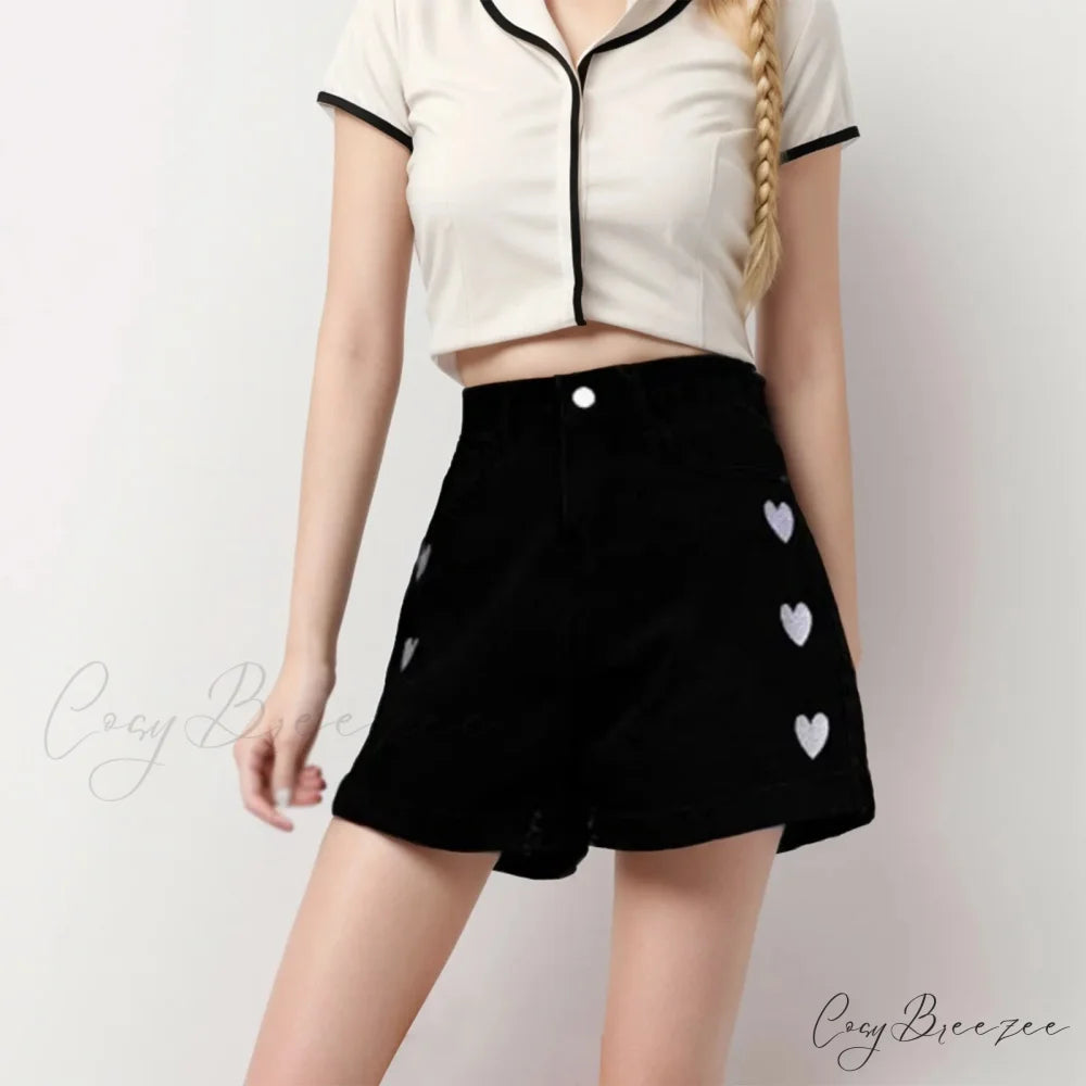 Pull-Tie Tassel Hem Denim Short Black / S short-250223