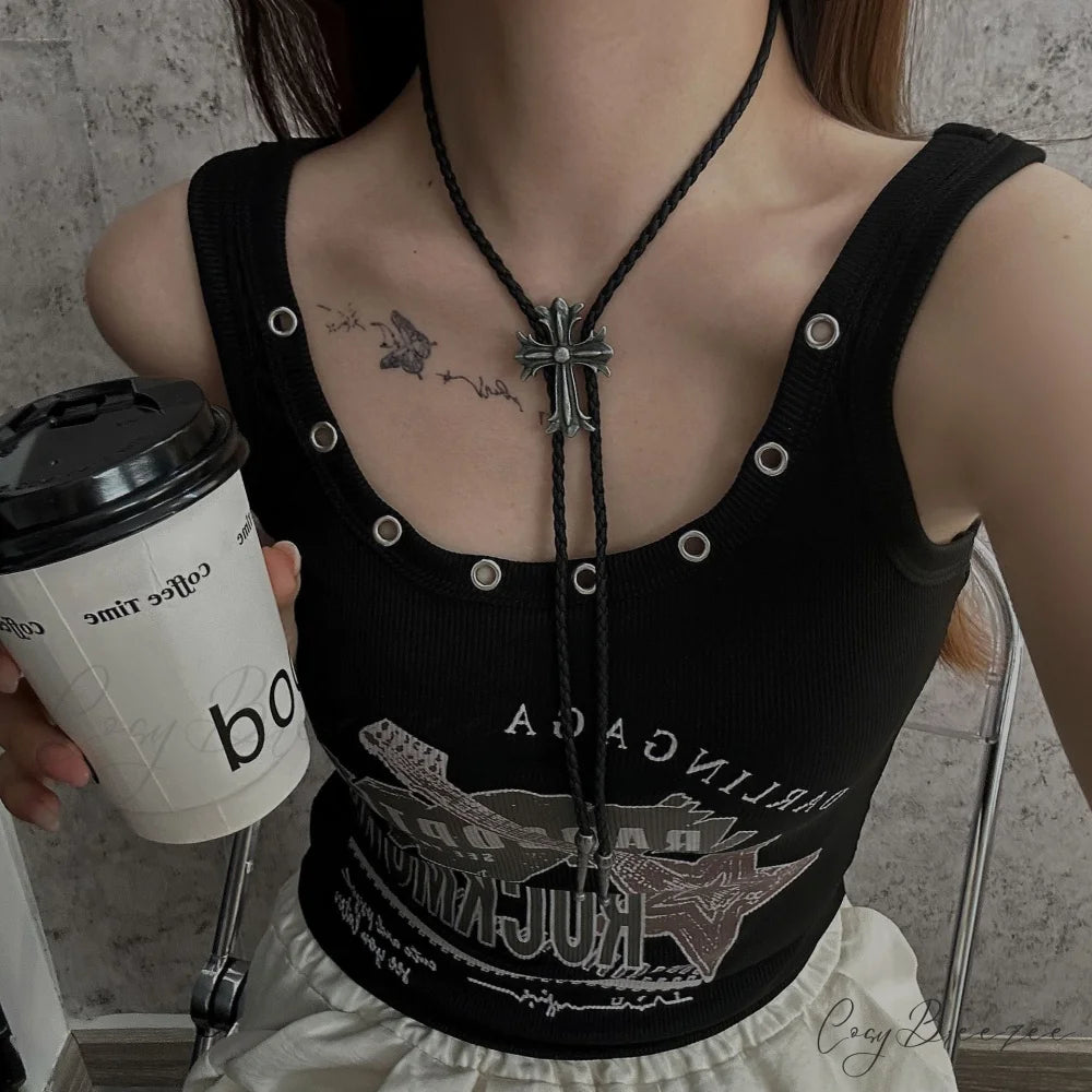 Punk Cross Black Rope Leather Woven Necklace SILVER