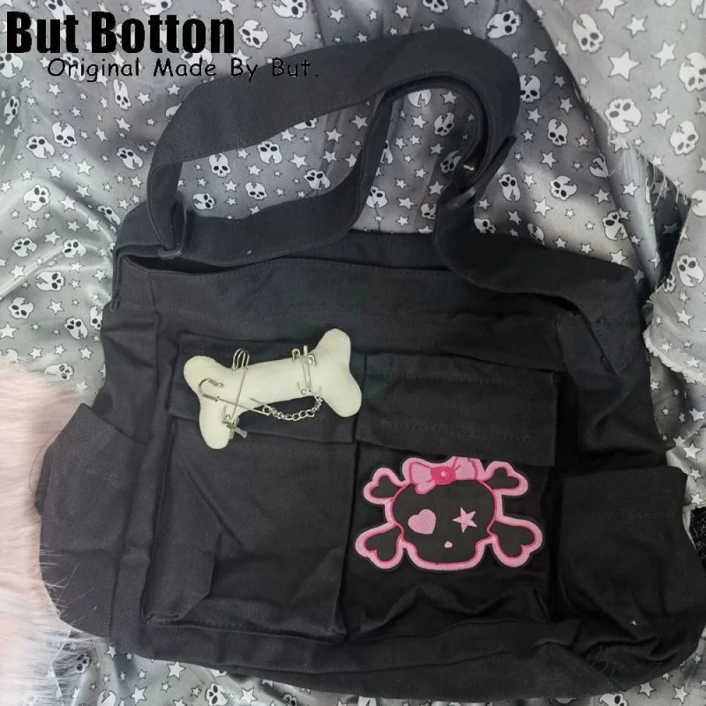 Punk Gothic Large Capacity Trendy Personalized Canvas Shoulder Bag BLACK 2 / one size