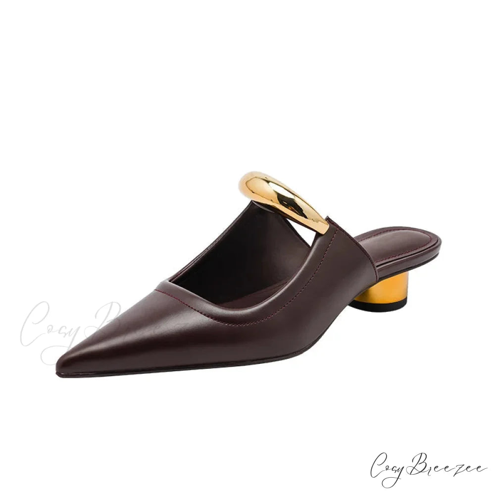 Punk Gothic Metal Buckle Low Heels Pointed Thick Heeled Platform Low Heel Pump Brown / 35