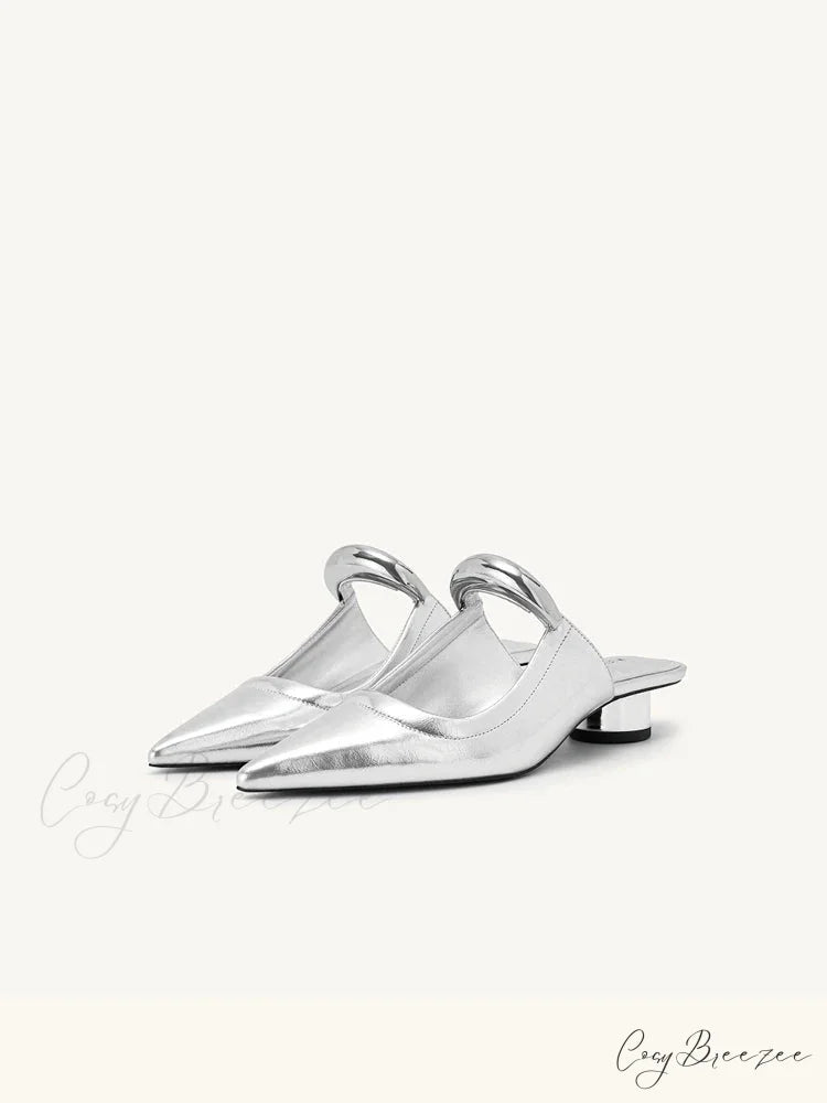 Punk Gothic Metal Buckle Low Heels Pointed Thick Heeled Platform Low Heel Pump Silver / 35