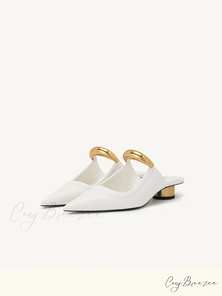 Punk Gothic Metal Buckle Low Heels Pointed Thick Heeled Platform Low Heel Pump WHITE / 35