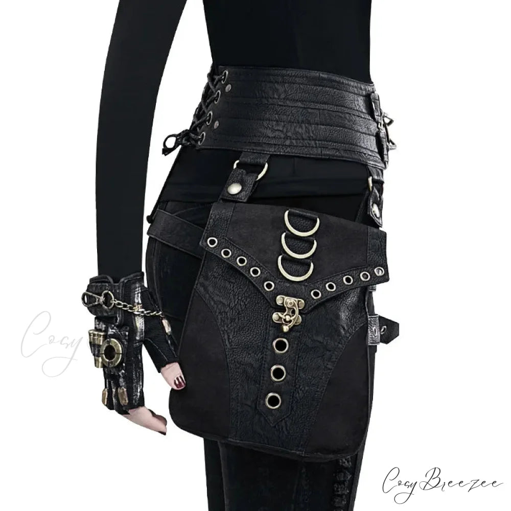 Punk Rivet Skull Retro Rock Gothic Hip Hop Rivet Leg Thigh Waist Bag Black