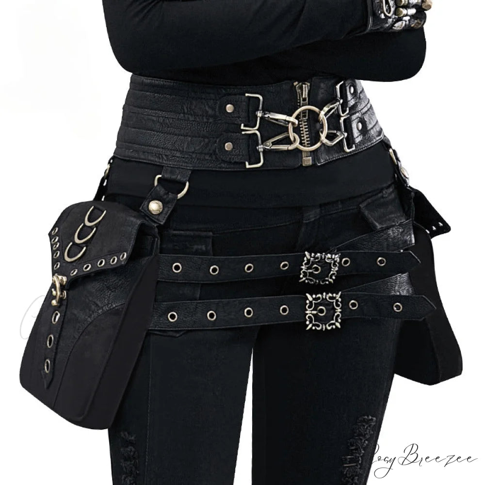 Punk Rivet Skull Retro Rock Gothic Hip Hop Rivet Leg Thigh Waist Bag Black
