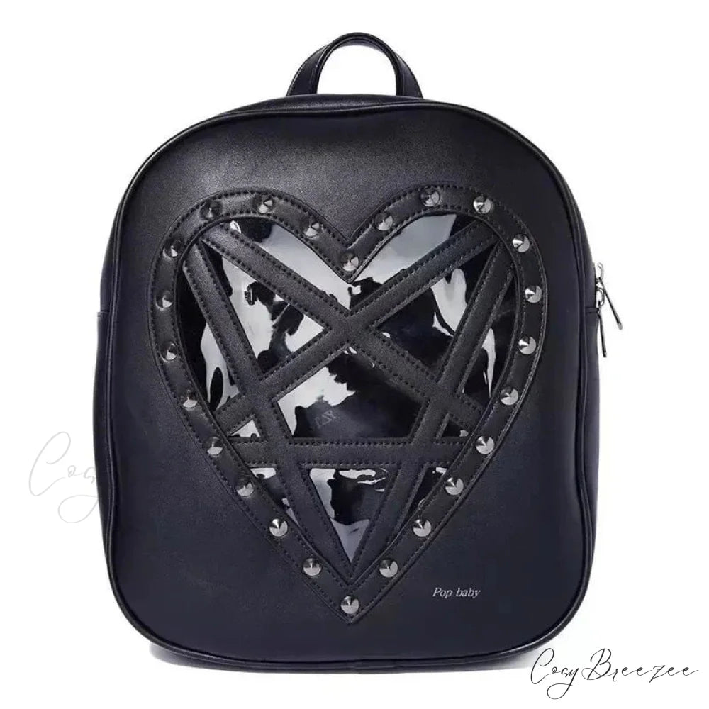 Punk Rock Black PU Leather Hollow Out Pentacle Heart Gothic Cosplay Bag Black / 33cm 28cm 7cm