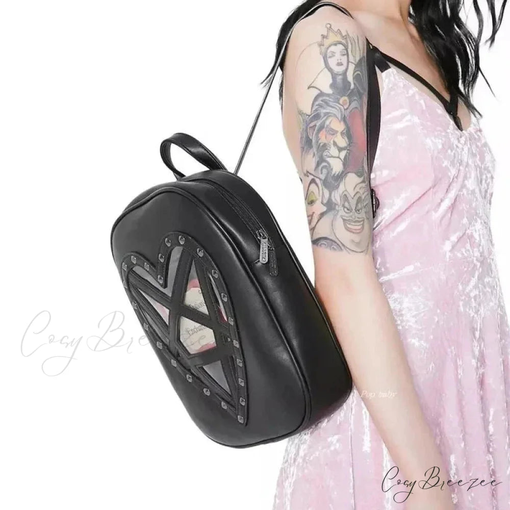 Punk Rock Black PU Leather Hollow Out Pentacle Heart Gothic Cosplay Bag Black / 33cm 28cm 7cm