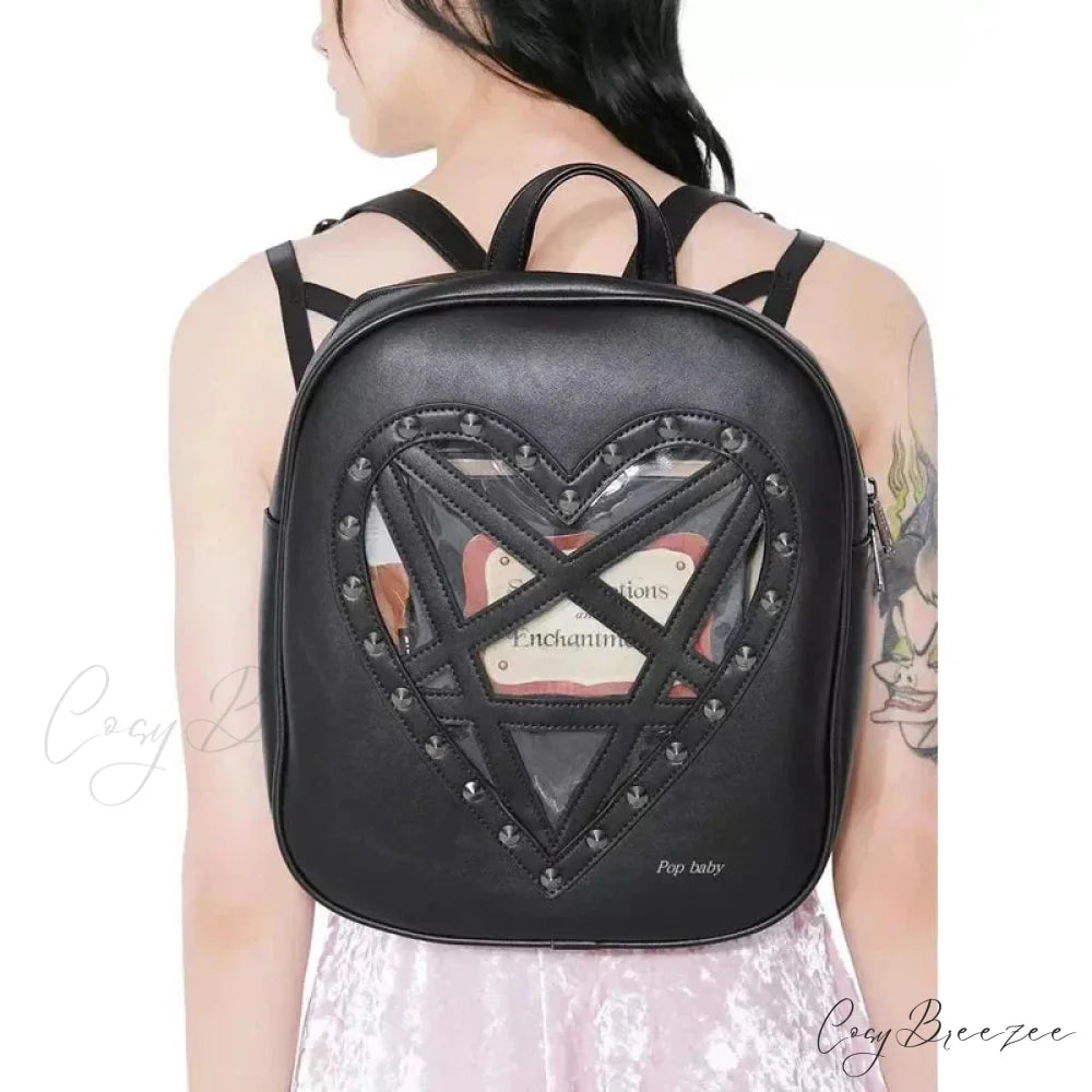 Punk Rock Black PU Leather Hollow Out Pentacle Heart Gothic Cosplay Bag Black / 33cm 28cm 7cm