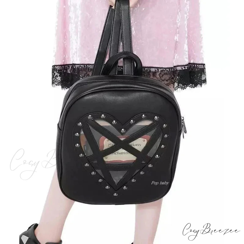 Punk Rock Black PU Leather Hollow Out Pentacle Heart Gothic Cosplay Bag Black / 33cm 28cm 7cm