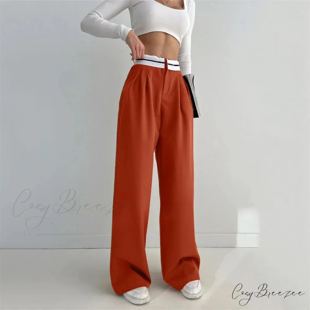 Pure Color High Waist Slim Pants Brown / S pants-241228
