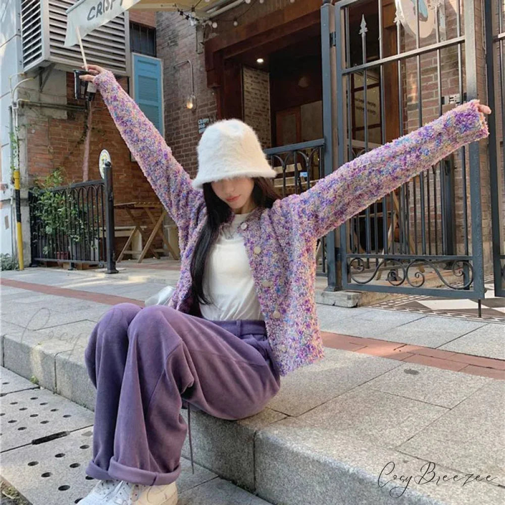 Purple Floral Lazy Wind Loose Knit Cardigan cardiagn-250126