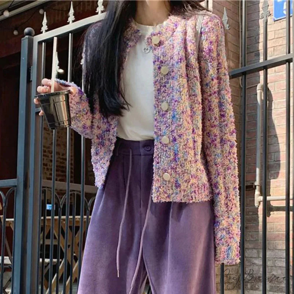 Purple Floral Lazy Wind Loose Knit Cardigan cardiagn-250126