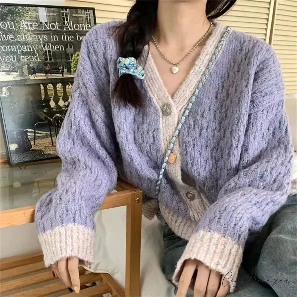 Purple Patchwork Loose Soft V-Neck Knitted Cardigan Purple / One Size cardiagn-250126