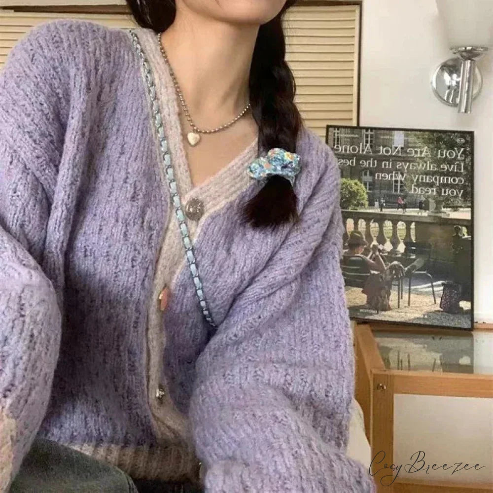 Purple Patchwork Loose Soft V-Neck Knitted Cardigan Purple / One Size cardiagn-250126
