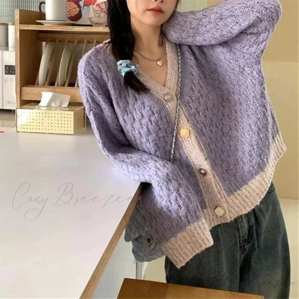Purple Patchwork Loose Soft V-Neck Knitted Cardigan Purple / One Size cardiagn-250126