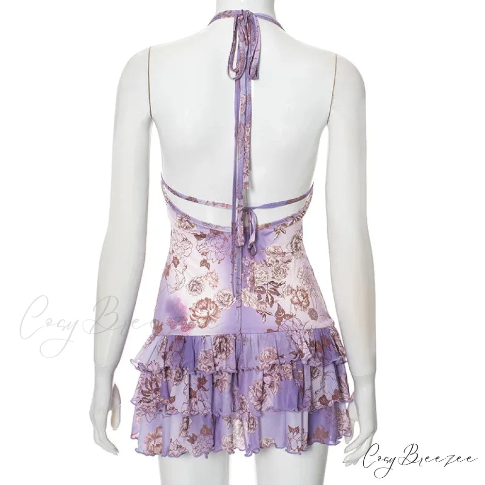 Purple Printed Deep Neck Graceful Frill Mini Strap Dress