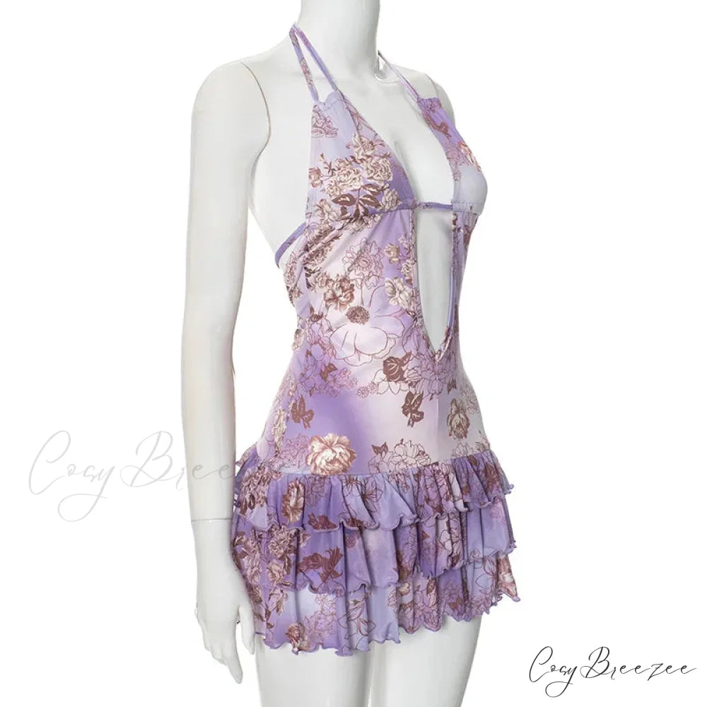 Purple Printed Deep Neck Graceful Frill Mini Strap Dress